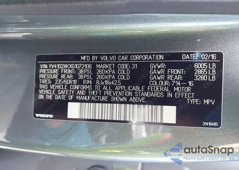 2016 Volvo Xc90 T5 Momentum z USA, uszkodzony, nr VIN YV4102XKXG1072106